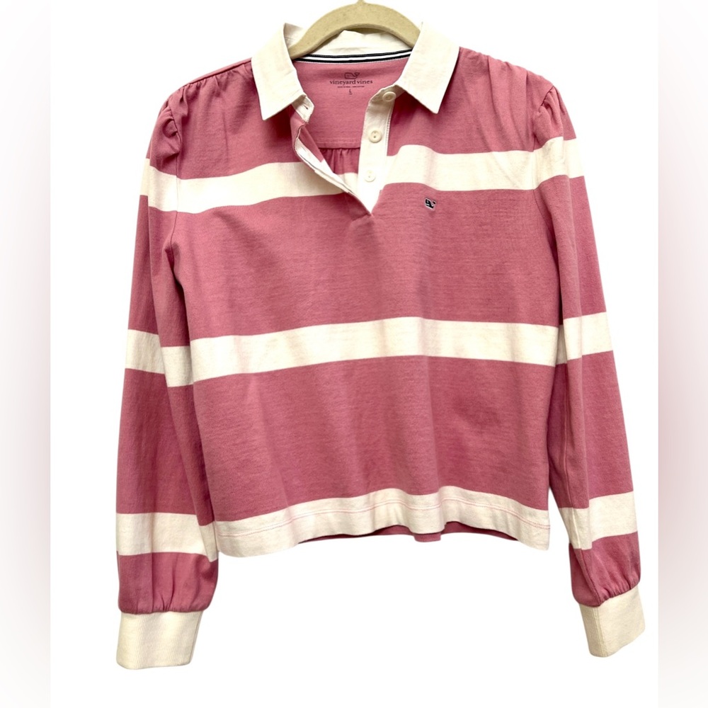 Vineyard Vines Pink Stripe Rugby Polo Top Puff Sleeve Cropped Preppy Coastal L